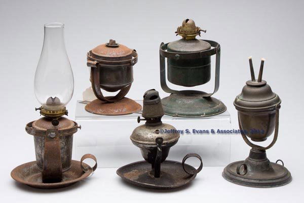 BRASS AND SHEET IRON GIMBAL MOUNTED LAMPS, LOT OF: BRASS AND SHEET IRON GIMBAL MOUNTED LAMPS, LOT OF FIVE, three examples with wall hanging ring and two with saucer bases, comprising a brass Dyott example with base marked "DYOTT PHILADI.", and four ot