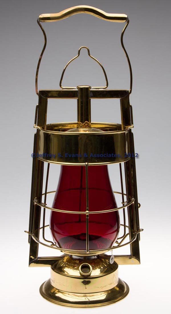 DIETZ "QUEEN" FIRE DEPARTMENT BRASS HOT BLAST TUBU: DIETZ "QUEEN" FIRE DEPARTMENT BRASS HOT BLAST TUBULAR LANTERN, polished, bail handle and apparatus hook, wind guard marked "'PATENTED JAN. 1. 89 / APR. 23.97 / MCH. 21. 93 / MAY 23-93", font embossed
