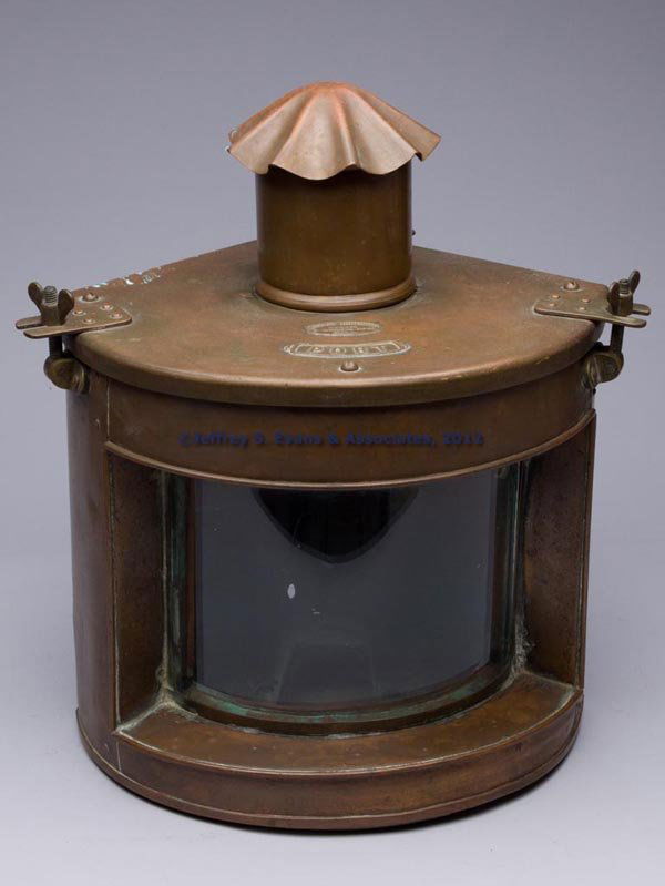 HUDSON BROTHERS BRASS AND COPPER ELECTRIC PORT MAR: HUDSON BROTHERS BRASS AND COPPER ELECTRIC PORT MARINE LIGHT, triangular form with two flat sides, one side fitted with a hanging bracket, lift-off cover secured by wing nuts and with maker's plate mar