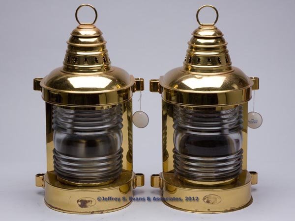 PERKINS "PERKO" BRASS RANGE AND TOWING MARINE LANT: PERKINS "PERKO" BRASS RANGE AND TOWING MARINE LANTERNS, PAIR, polished, cap with a ring handle, flat back and four mounting lugs, base with brass maker's plate marked "PERKINS MARINE & HARDWARE CORP /