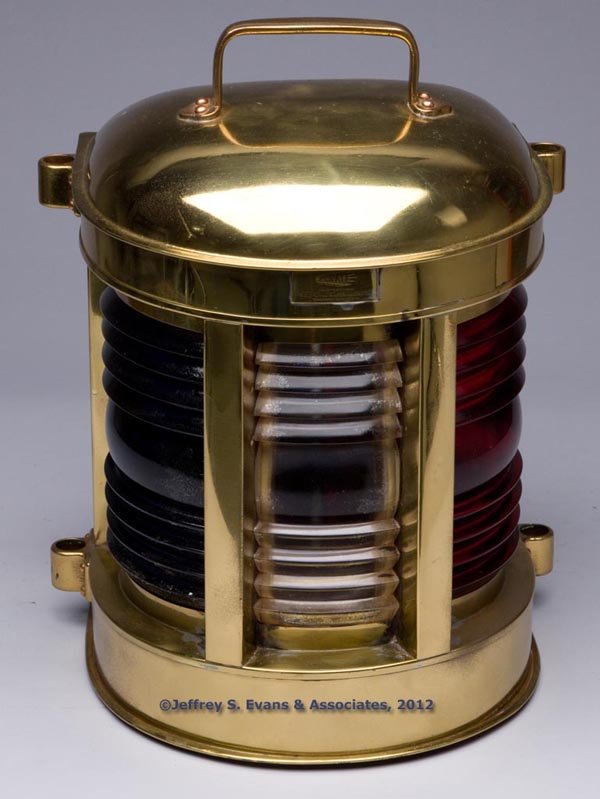PERKINS "PERKO" BRASS ELECTRIC TRI-COLOR STEAM TRA: PERKINS "PERKO" BRASS ELECTRIC TRI-COLOR STEAM TRAWLER MARINE LANTERN, polished, cover with handle and brass maker's plate marked "PERKO MANUFACTURER / PERKINS MARINE LAMP & HARDWARE CORP / BROOKLYN, 