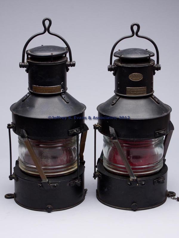 ENGLISH SHEET IRON AND BRASS ANCHOR MARINE LANTERN: ENGLISH SHEET IRON AND BRASS ANCHOR MARINE LANTERNS, LOT OF TWO, painted black, comprising an example with maker's plate marked "C. P. GRIMLEY & SONS LTD / 1940 / BIRMINGHAM" and other marked "J. C. N