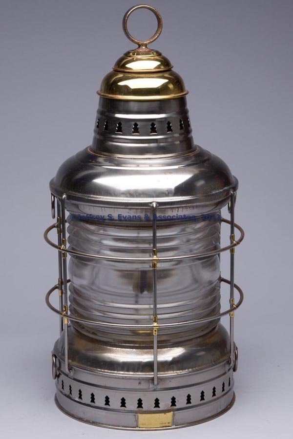 PERKINS "PERKO" NICKEL-PLATED SHEET IRON AND BRASS: PERKINS "PERKO" NICKEL-PLATED SHEET IRON AND BRASS ANCHOR MARINE LANTERN, ring handle, brass maker's plate marked "PERKO / PERKINS MARINE LAMP & HARDWARE CORP. / BROOKLYN N. Y., U.S.A.", top and botto