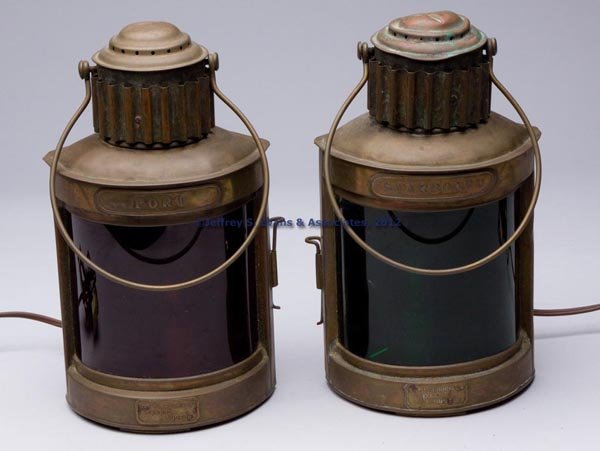 GEO. MASON & CO. BRASS AND COPPER PORT AND STARBOA: GEO. MASON & CO. BRASS AND COPPER PORT AND STARBOARD MARINE LANTERNS, SET OF TWO, bail handle, flat back with hinged door and hanging bracket, one example with plate marked "STARBOARD" and other "PORT