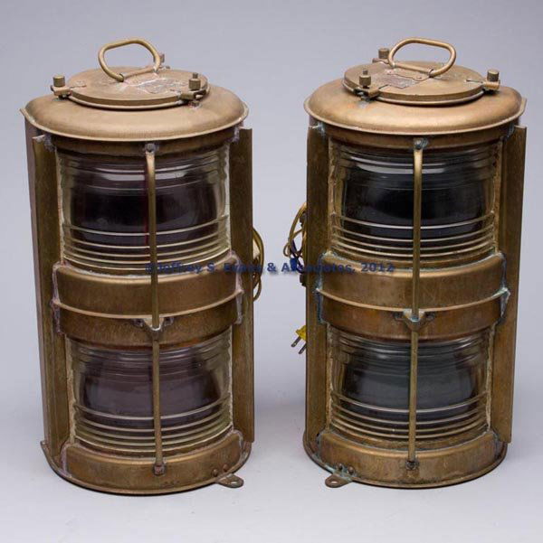 NIPPON SENTO BRASS ELECTRIC PORT AND STARBOARD MAR: NIPPON SENTO BRASS ELECTRIC PORT AND STARBOARD MARINE LIGHTS, removable cover with handle and maker's brass plate and various impressings, flat back with hanging bracket and a single tie-down ring to