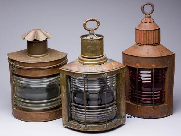 MIXED METALS PORT AND STARBOARD MARINE LIGHTS AND: MIXED METALS PORT AND STARBOARD MARINE LIGHTS AND LANTERN, LOT OF THREE, each with mounting bracket, comprising a brass electric Wm Porters & Sons and a copper English example with various markings; a