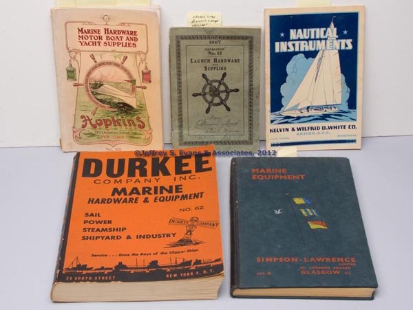 ASSORTED MARINE TRADE CATALOGS, LOT OF FIVE: ASSORTED MARINE TRADE CATALOGS, LOT OF FIVE, including 1907 Johnson Bros., Bath, ME and circa 1910 John C. Hopkins & Co. with camping outfits and fishing tackle. Hard and soft covers. Provenance: The 