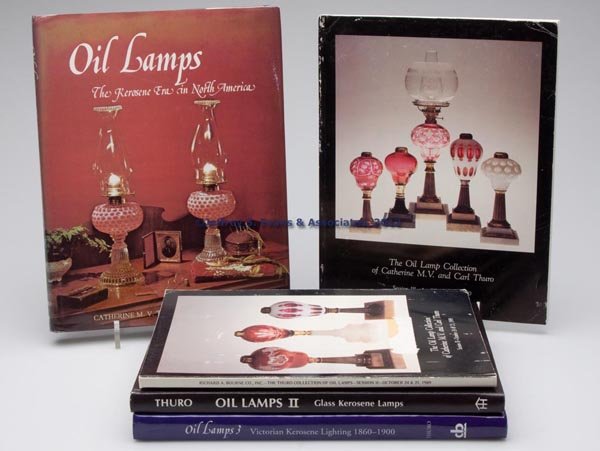 KEROSENE LIGHTING REFERENCE VOLUMES, LOT OF FIVE: KEROSENE LIGHTING REFERENCE VOLUMES, LOT OF FIVE, comprising Thuro, "Oil Lamps 1 - 3" and sessions II and III of the Thuro lamp collection auction, 1989 and 1990. Hard and soft covers. Provenance: The