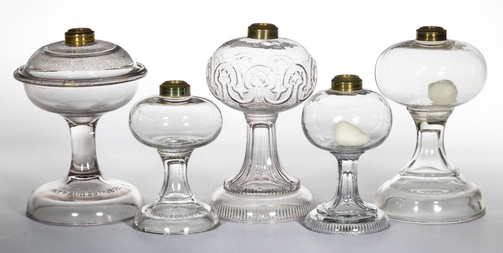 ASSORTED PATTERN KEROSENE STAND LAMPS, LOT OF FIVE (1 of 1)