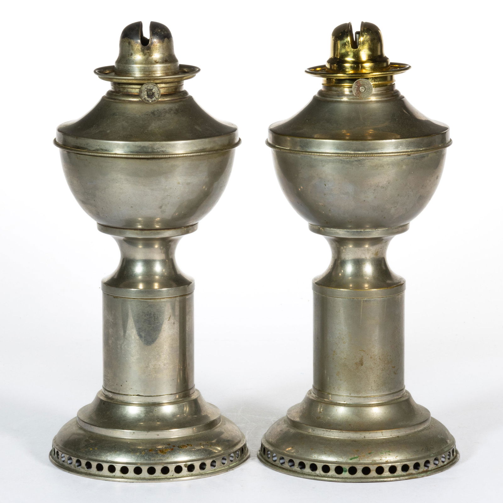 NICKEL-PLATED HITCHCOCK STEMWINDER MECHANICAL KEROSENE STAND LAMPS, LOT OF TWO (1 of 1)