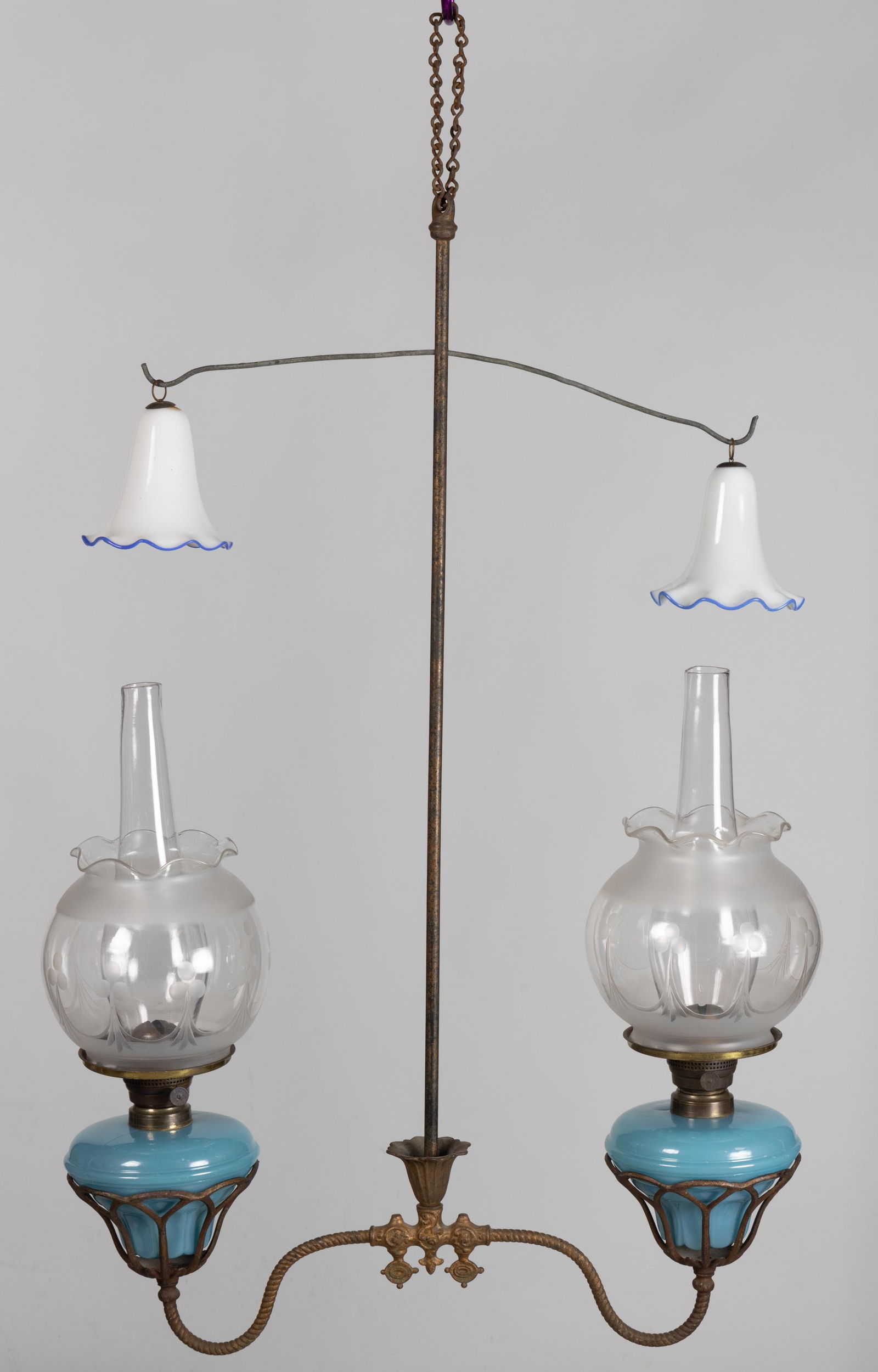 IRON BRADLEY & HUBBARD NO. 1600 DOUBLE-ARM KEROSENE HANGING CHANDELIER (1 of 2)