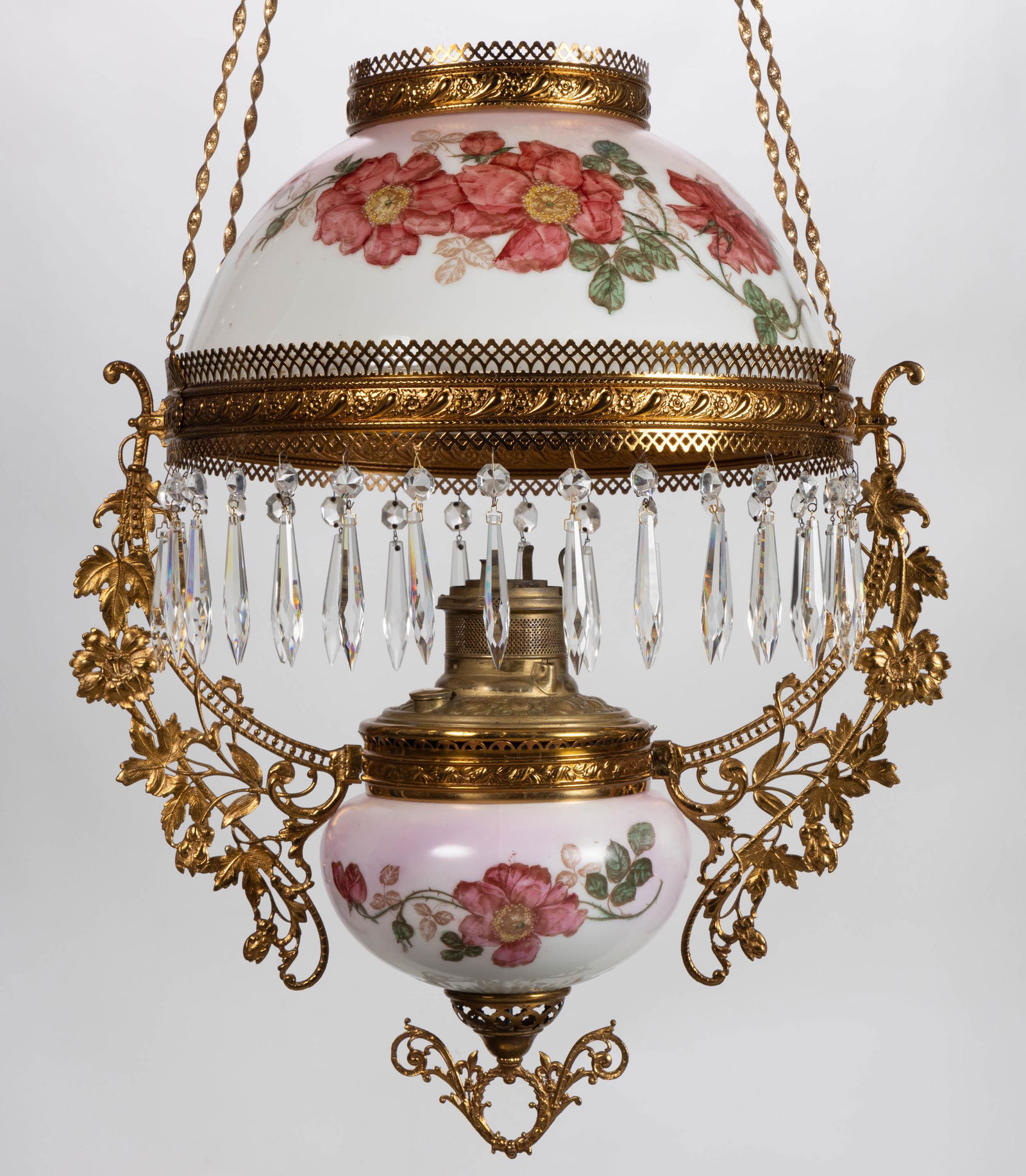 EDWARD MILLER DECORATED OPAL KEROSENE HANGING / LIBRARY LAMP (1 of 4)