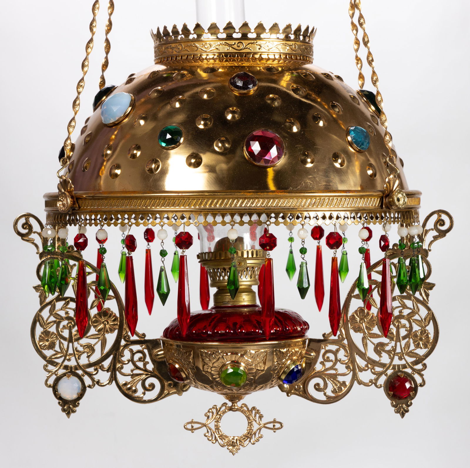 BRADLEY & HUBBARD BRASS JEWELLED KEROSENE HANGING / LIBRARY LAMP (1 of 4)