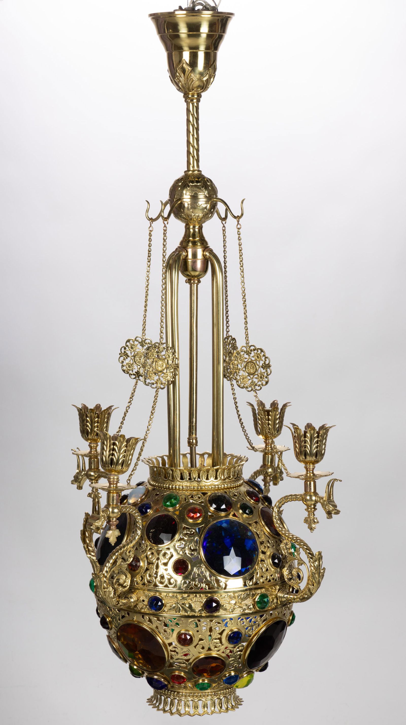 LARGE VICTORIAN BRASS AND JEWELED ELECTRIC HANGING HALL LAMP / CHANDELIER (1 of 5)