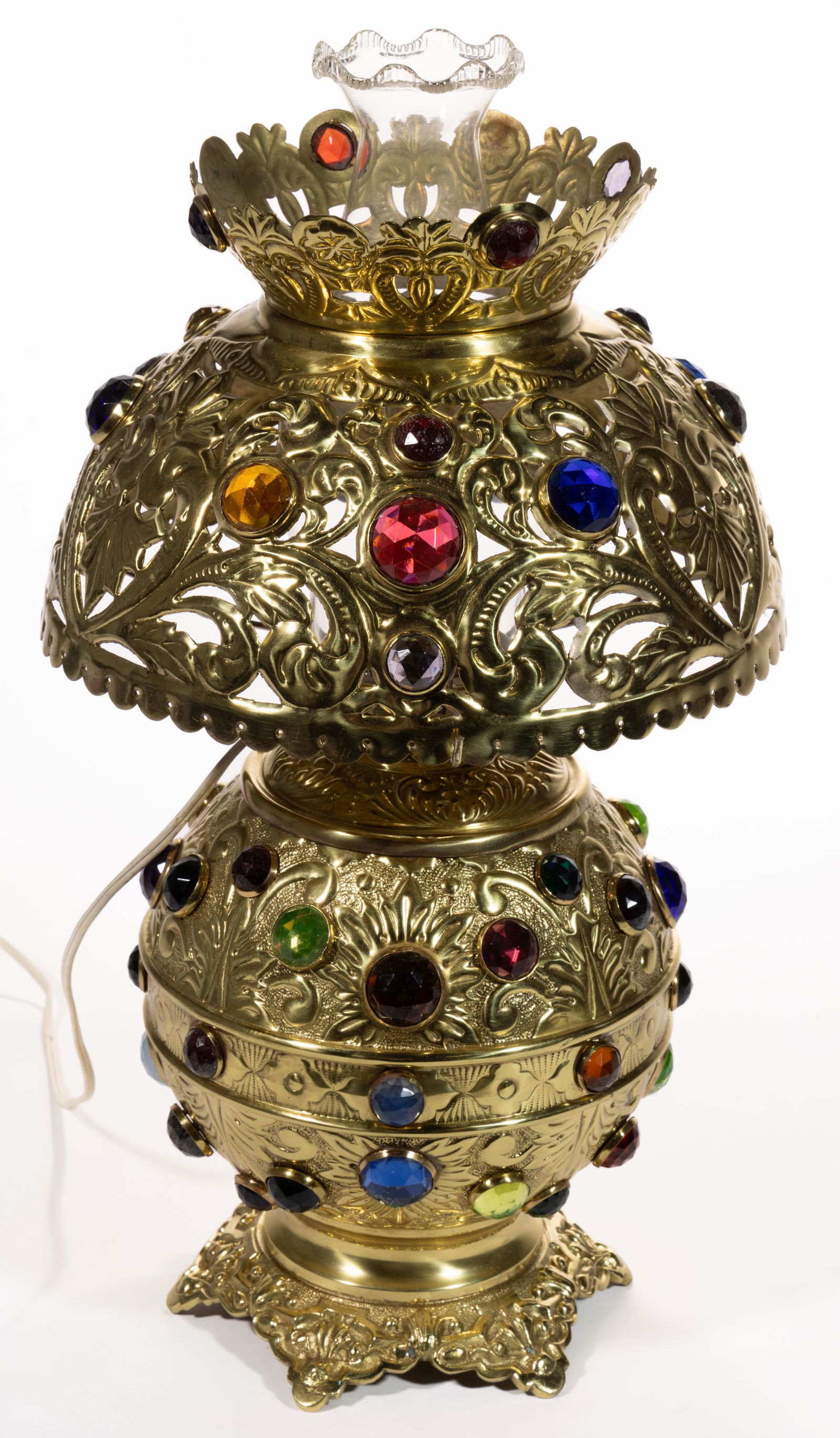 VICTORIAN BRASS AND JEWELLED KEROSENE PARLOR LAMP (1 of 2)