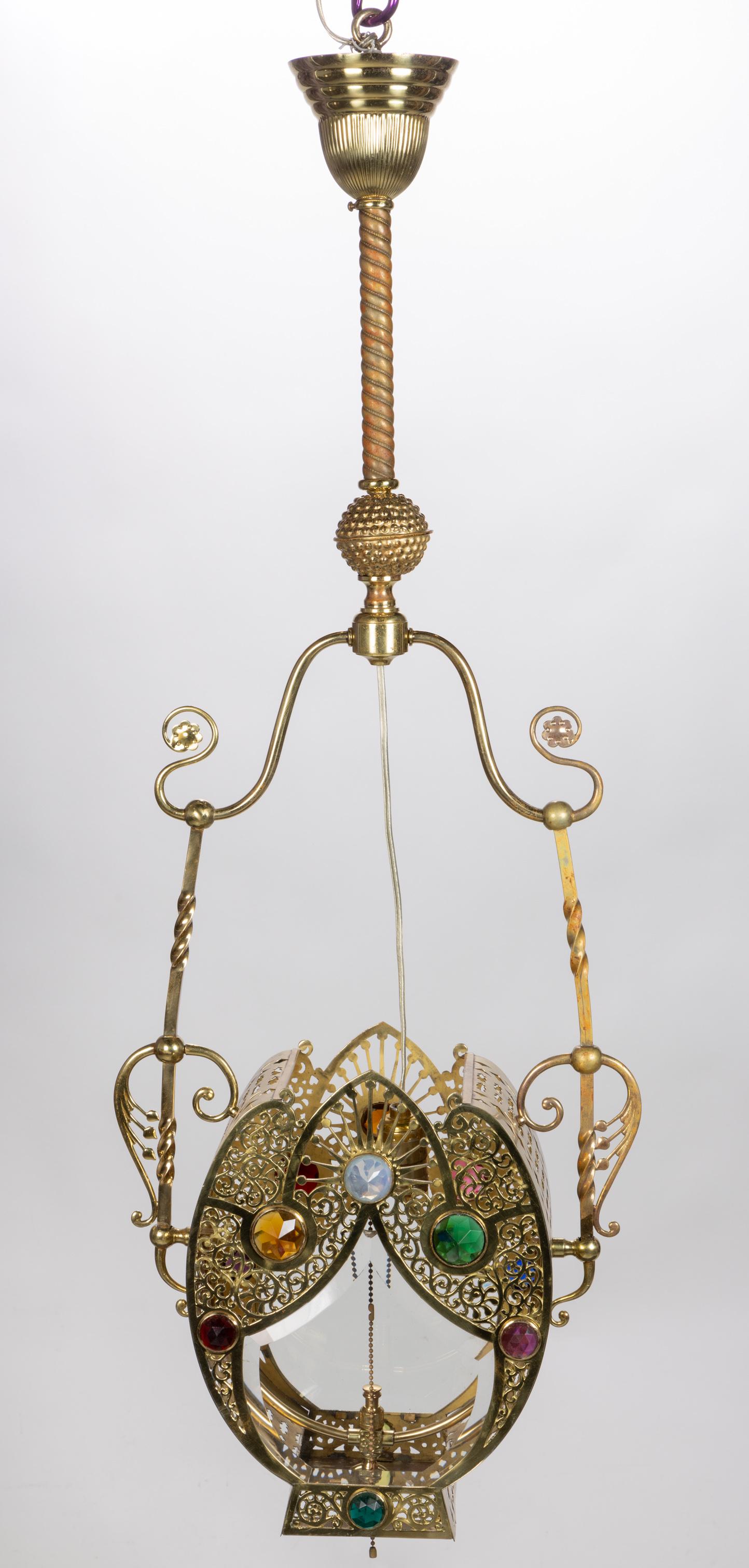 VICTORIAN JEWELLED GLASS AND BRASS ELECTRIC HALL LAMP (1 of 5)