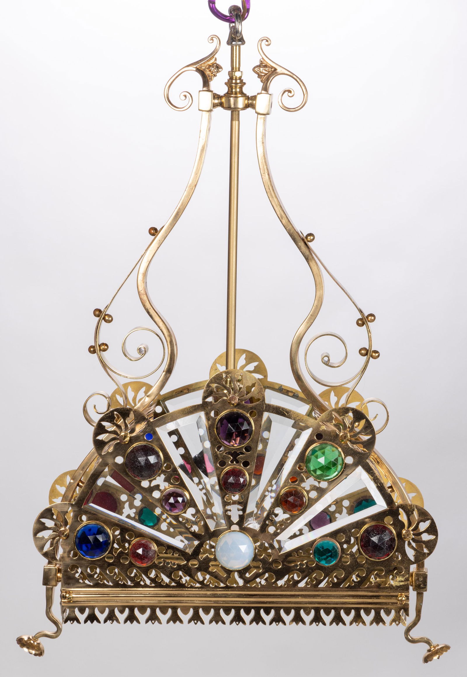 VICTORIAN SUNSET JEWELED GLASS AND BRASS ELECTRIC HALL LAMP (1 of 4)