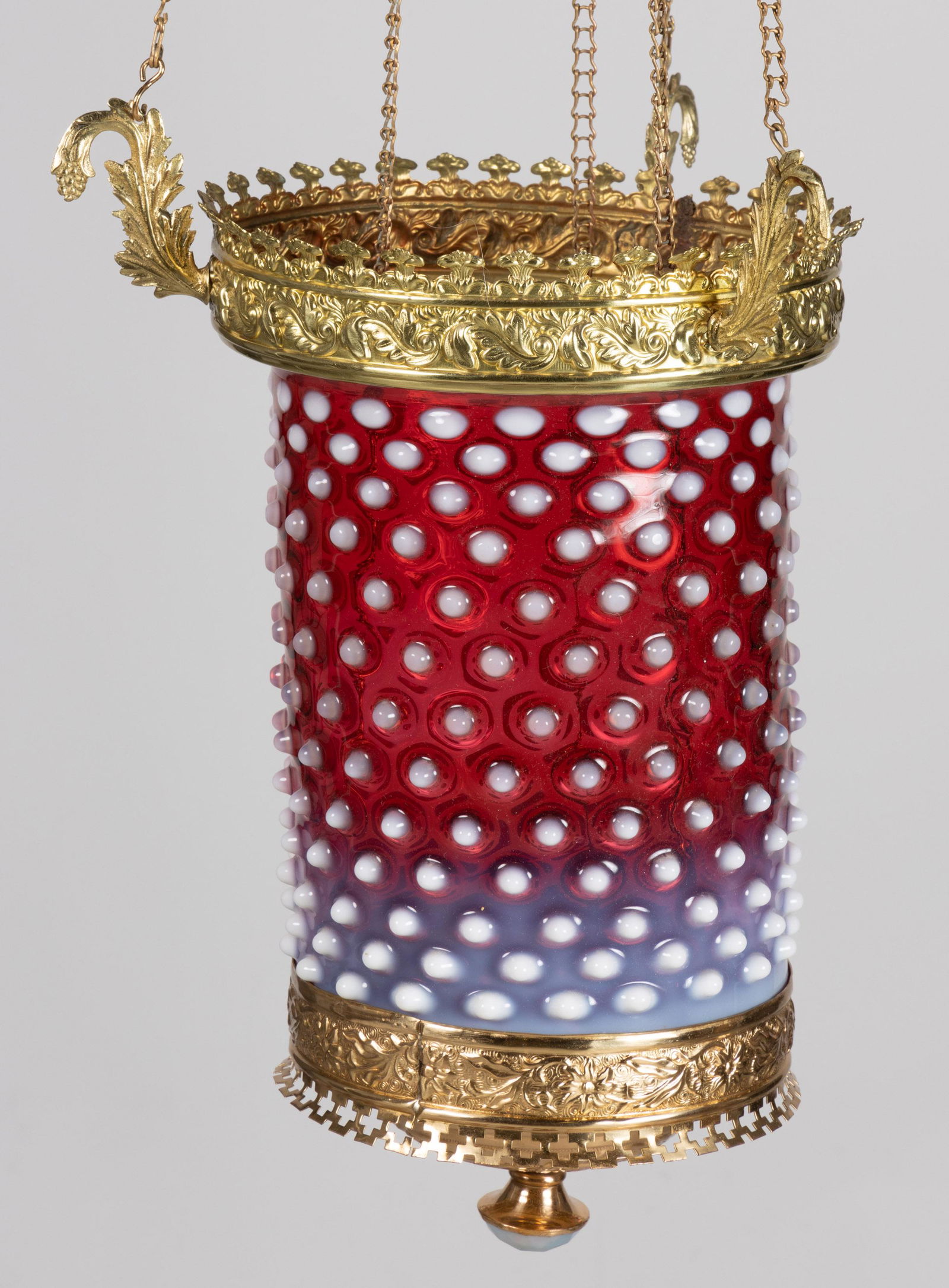 VICTORIAN OPALESCENT HOBNAIL GLASS AND BRASS KEROSENE HANGING HALL LAMP (1 of 2)