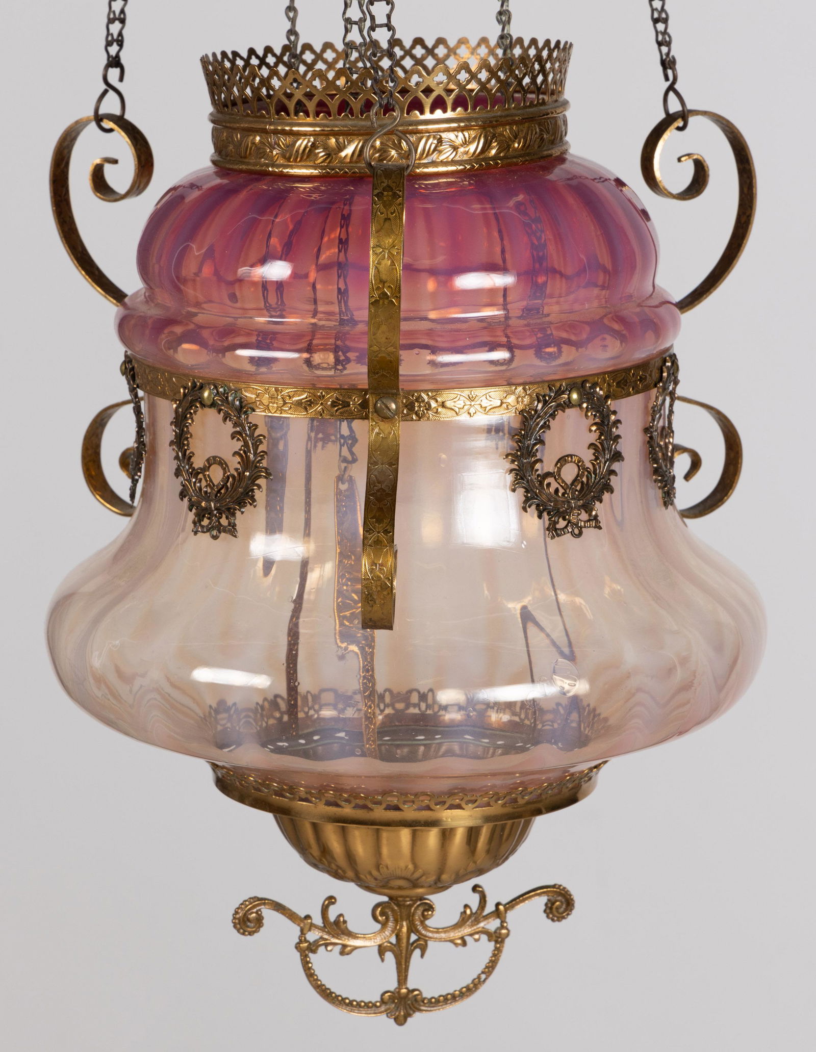 VICTORIAN OPALESCENT STRIPE KEROSENE HANGING HALL LAMP (1 of 2)