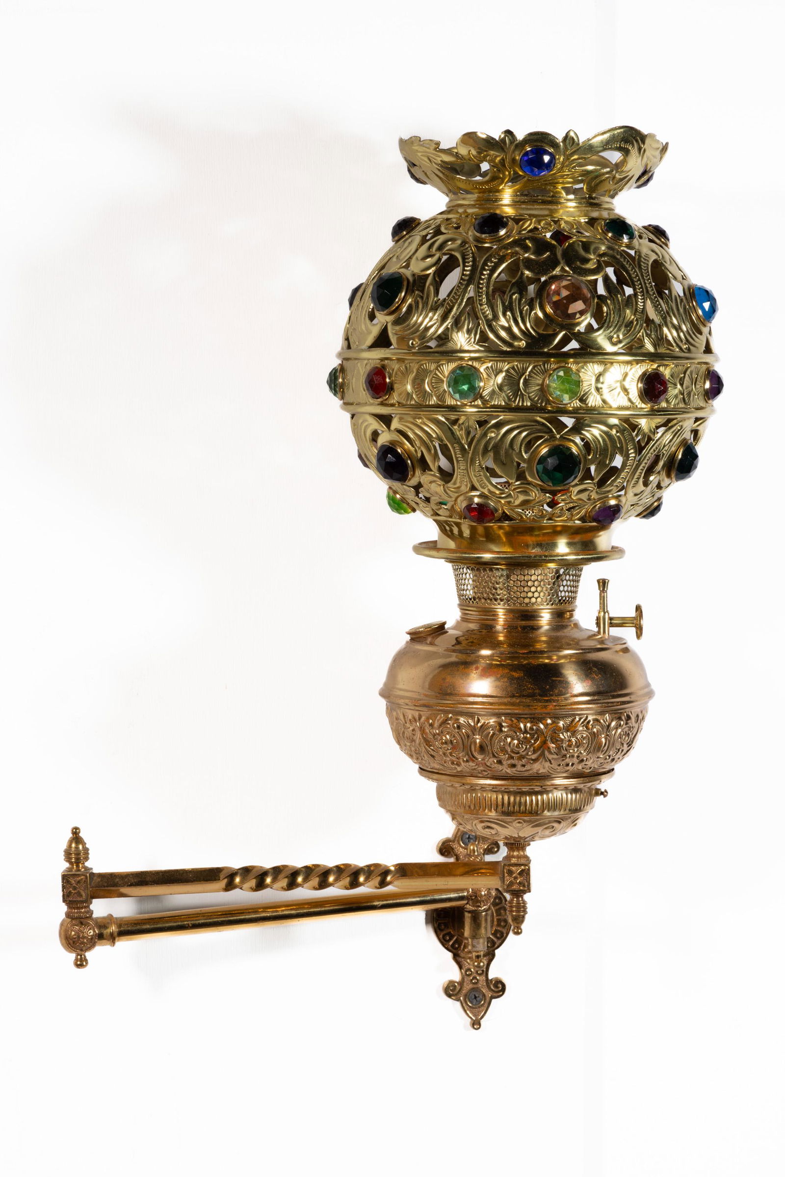 VICTORIAN STAMPED BRASS AND JEWELED KEROSENE WALL SCONCE / HALL LAMP (1 of 3)