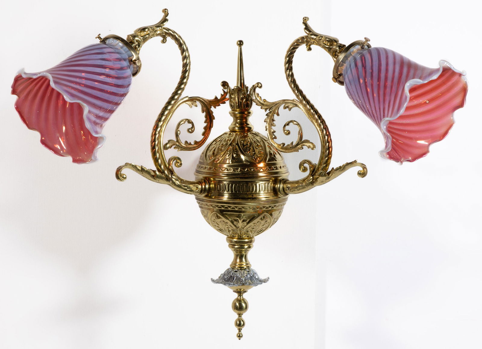 VICTORIAN STAMPED AND CAST-BRASS DOUBLE-ARM GAS WALL SCONCE / HALL LAMP (1 of 3)