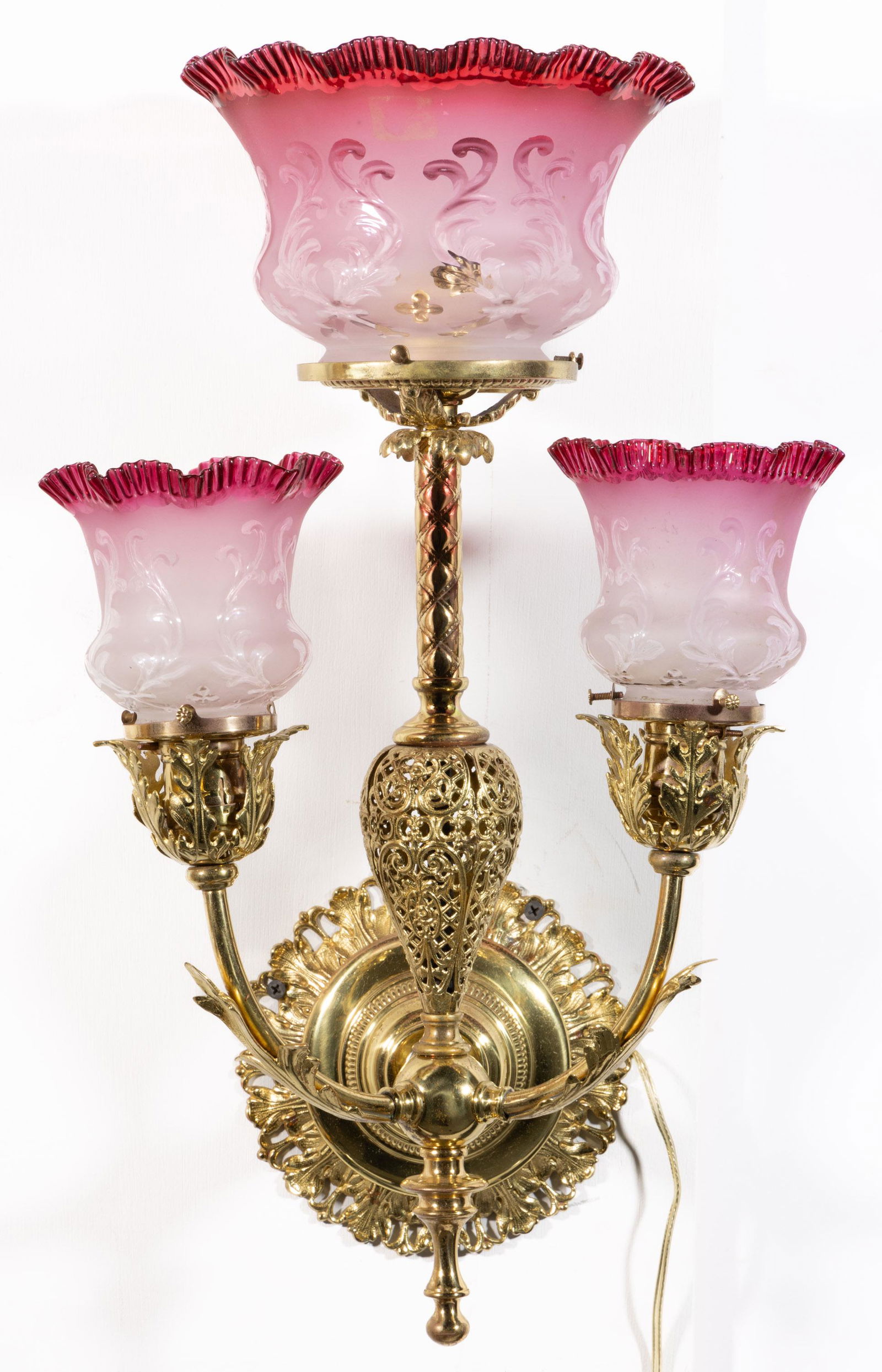 VICTORIAN THREE-SOCKET CAST-BRASS GAS WALL SCONCE / HALL LAMP (1 of 2)