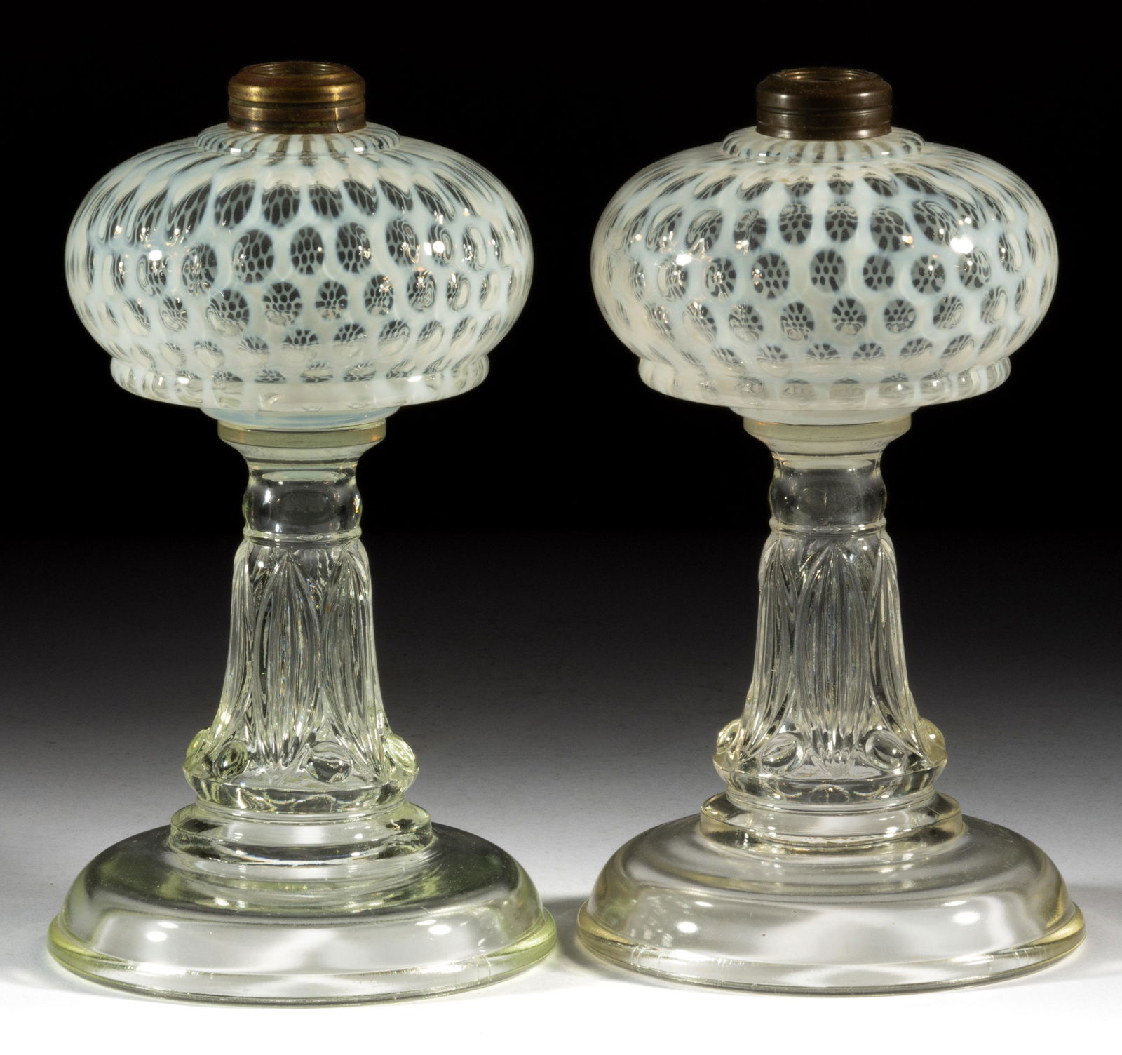 COIN DOT / WINDOWS - LEAF AND JEWEL BASE KEROSENE STAND LAMPS, LOT OF TWO (1 of 1)