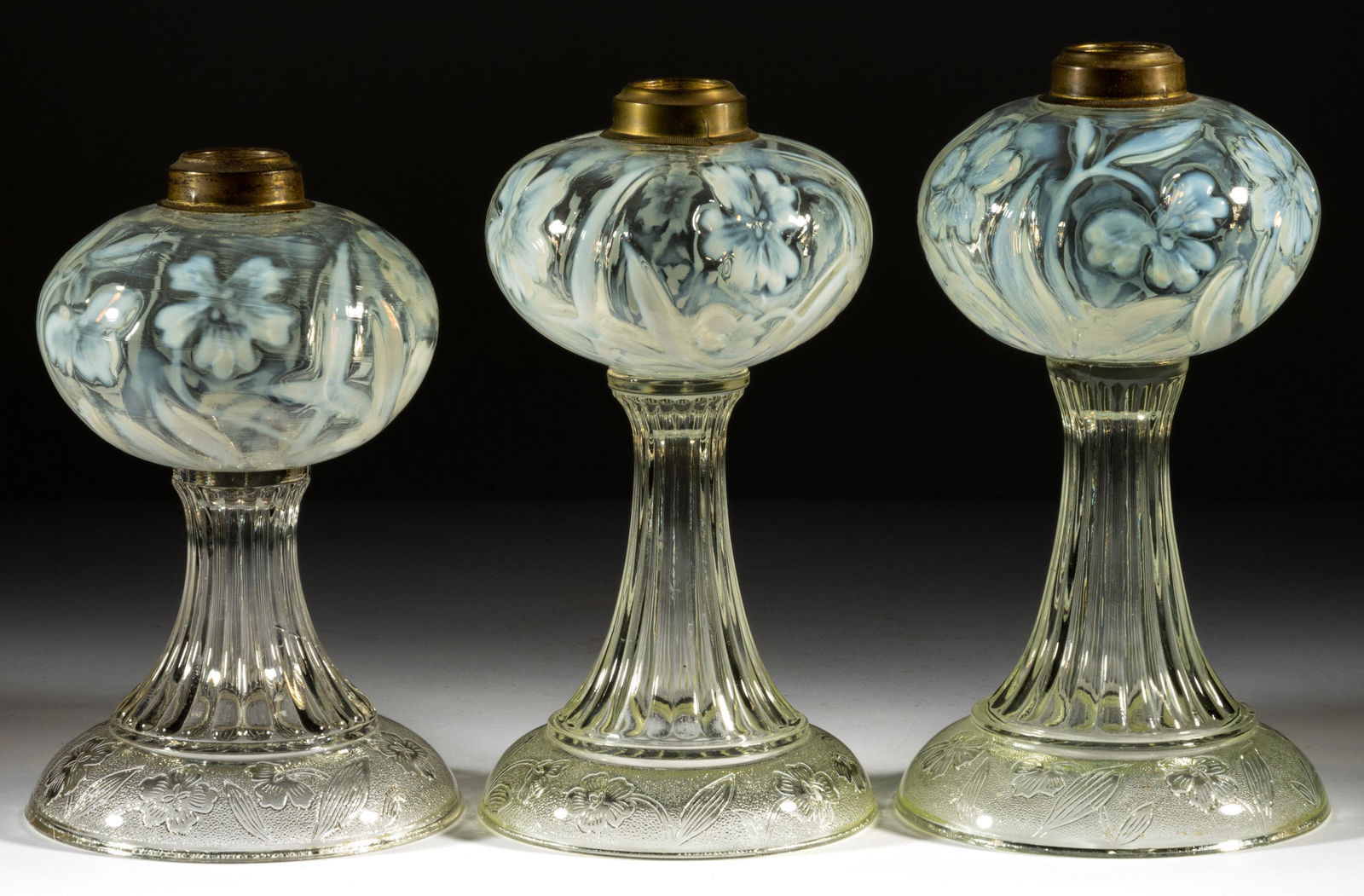 PRIMROSE OPALESCENT KEROSENE STAND LAMPS, LOT OF THREE (1 of 1)