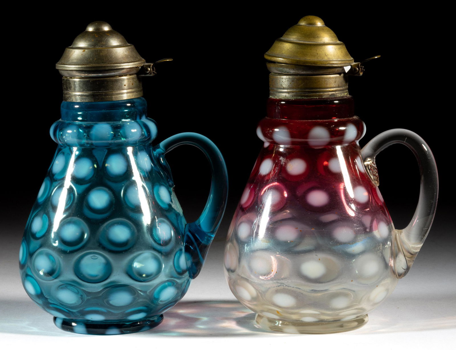 COINSPOT OPALESCENT RING-NECK GLASS SYRUP PITCHERS, LOT OF TWO (1 of 1)