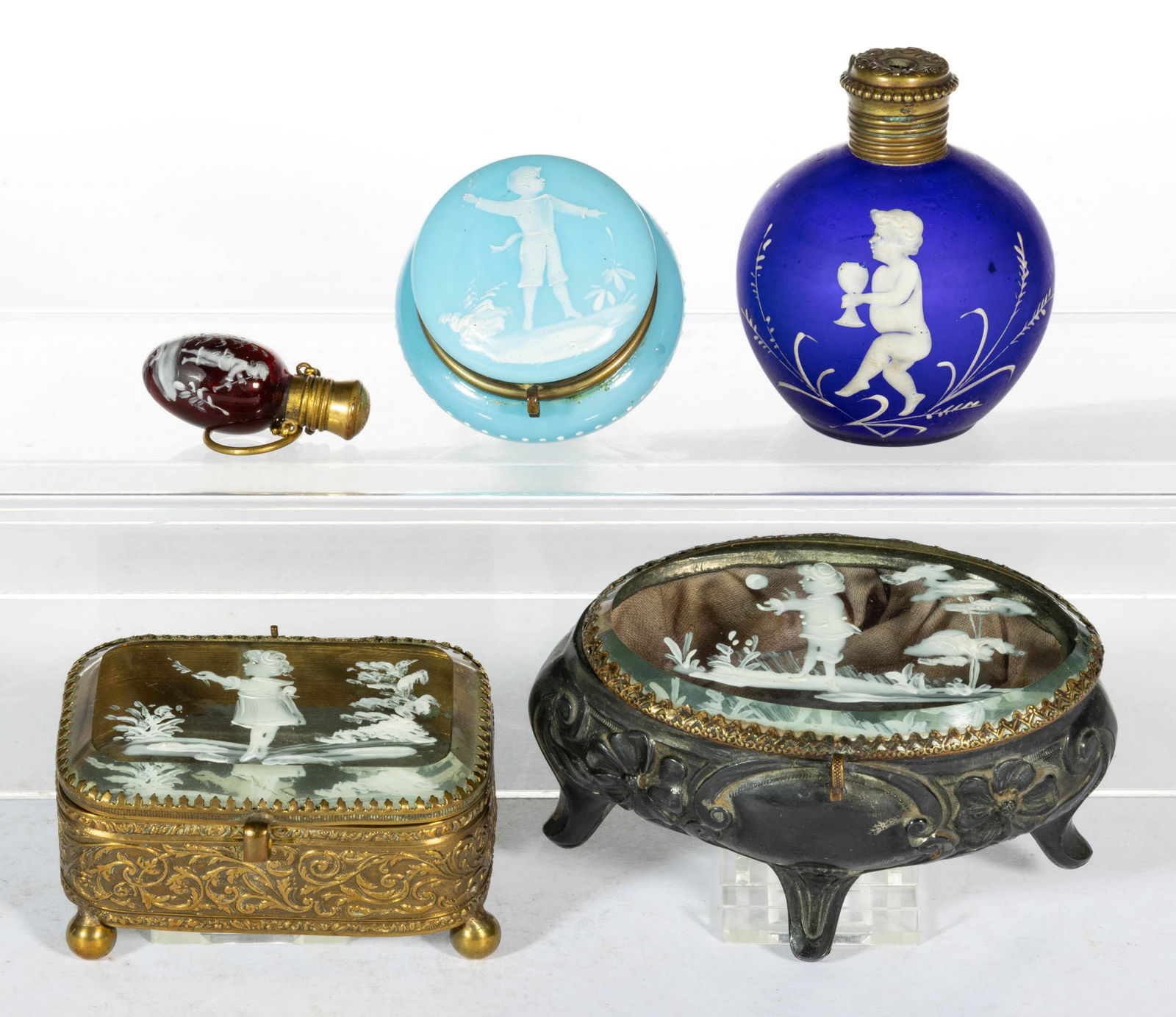 VICTORIAN MARY GREGORY (SO-CALLED) DECORATED DRESSER ARTICLES, LOT OF FIVE (1 of 1)