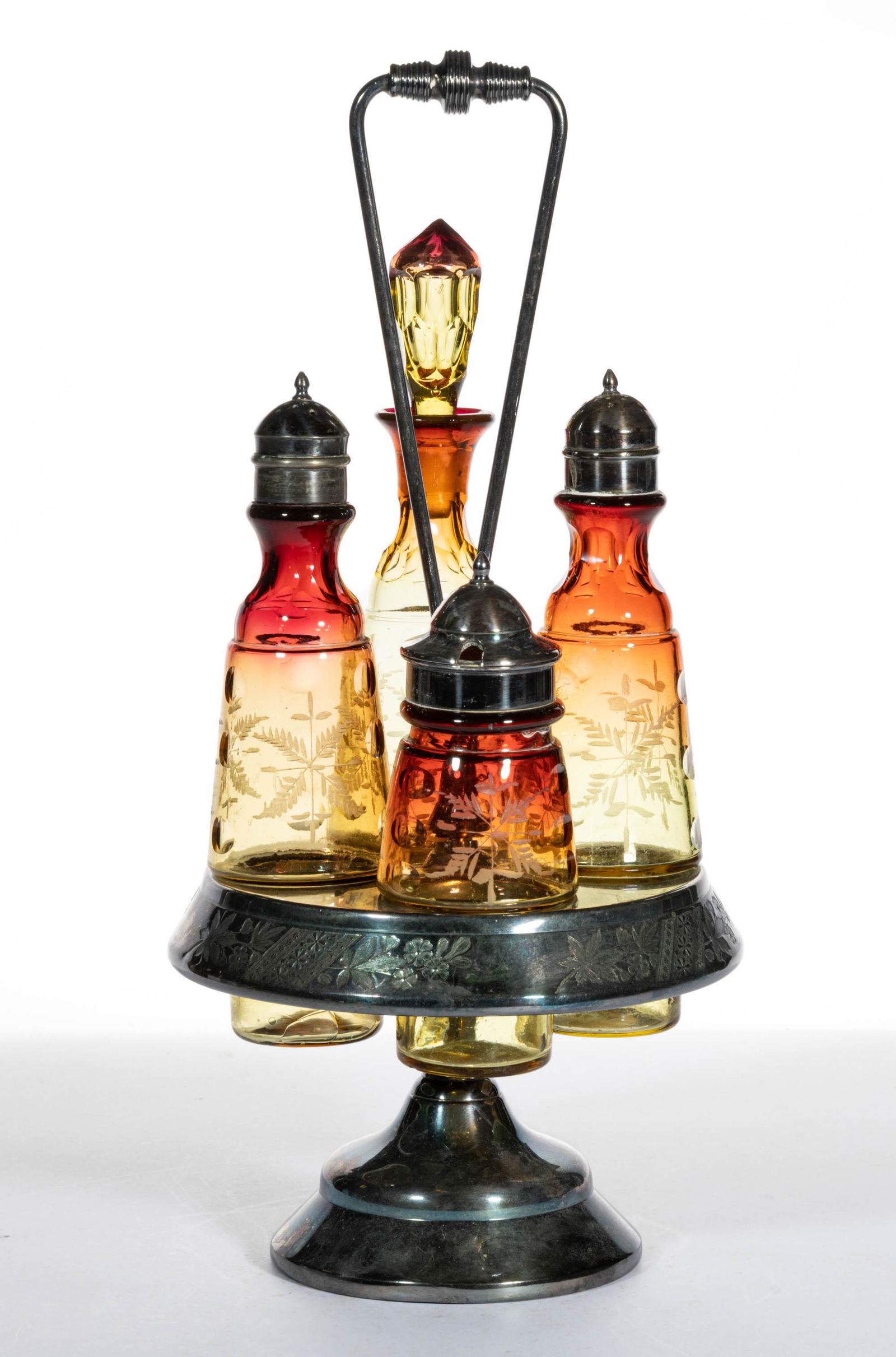 AMBERINA CUT AND ENGRAVED GLASS FOUR-BOTTLE CASTER SET (1 of 1)