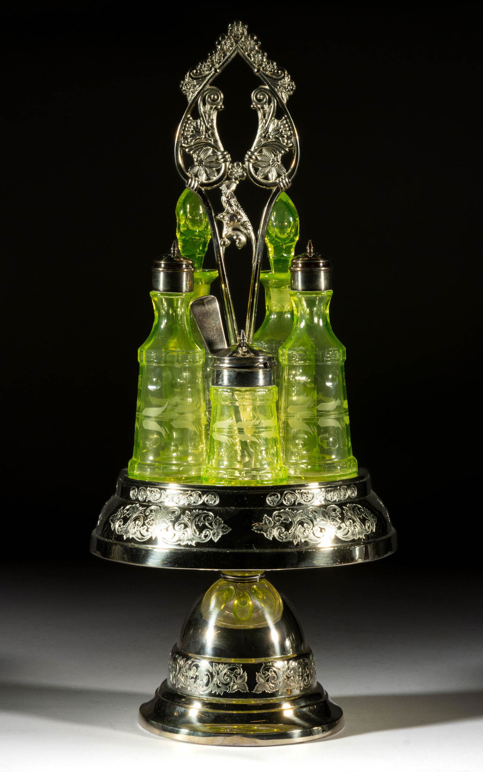 ENGRAVED VASELINE GLASS FIVE-BOTTLE CASTER SET (1 of 1)