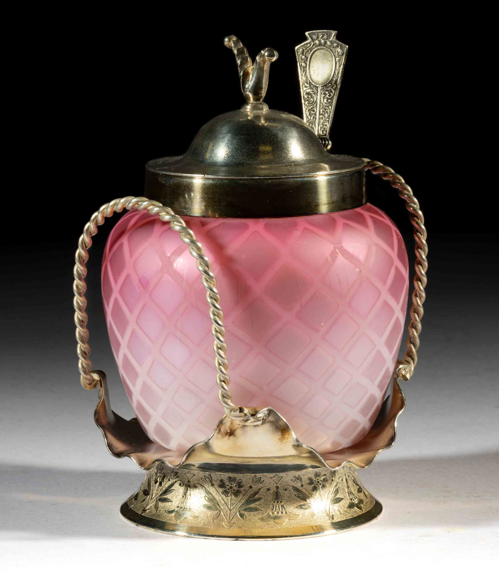 VICTORIAN DIAMOND-QUILT AIR-TRAP MOTHER-OF-PEARL SATIN GLASS PICKLE CASTER (1 of 1)