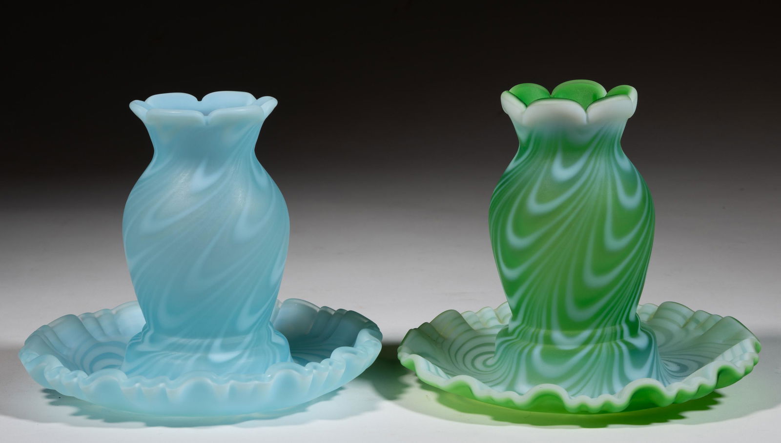 FENTON SWIRLED FEATHER FAIRY / HURRICANE LAMPS, LOT OF TWO (1 of 1)