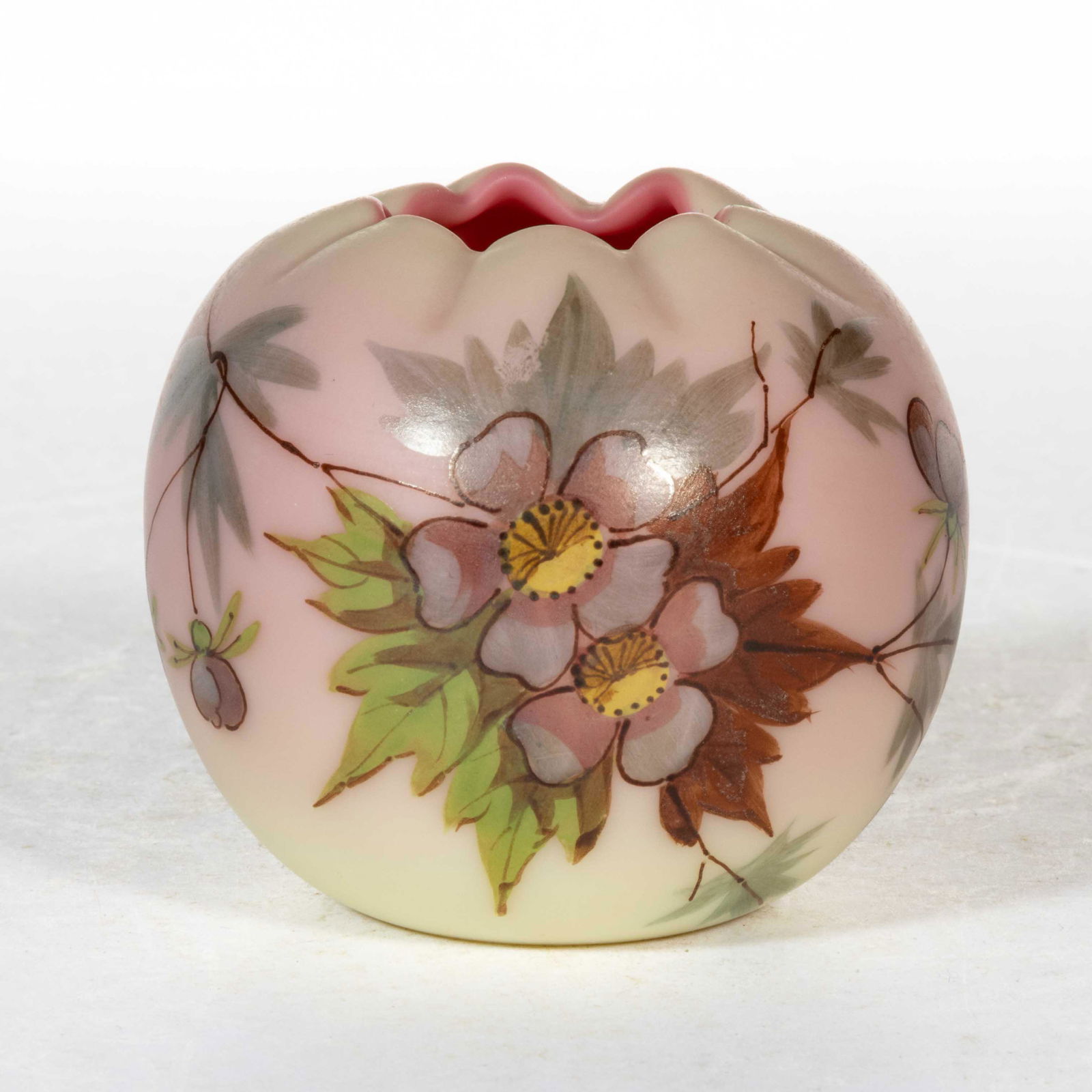 WEBB DECORATED BURMESE GLASS DIMINUTIVE ROSE BOWL: WEBB DECORATED BURMESE GLASS DIMINUTIVE ROSE BOWL, plush finish with polychrome decoration, polished pontil mark. Thomas Webb & Sons. Fourth quarter 19th century. 2 1/2" H.Literature: Paralle