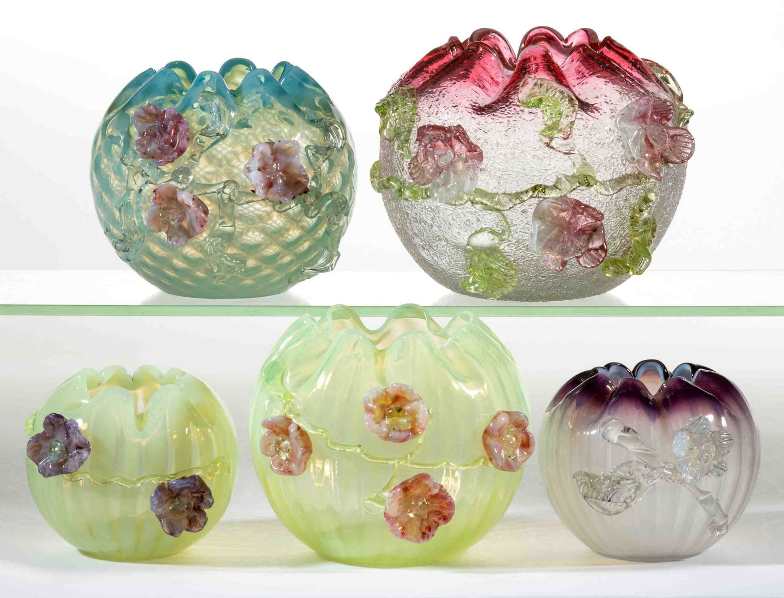 ASSORTED VICTORIAN APPLIED-DECORATED GLASS ROSE BOWLS, LOT OF FIVE (1 of 1)