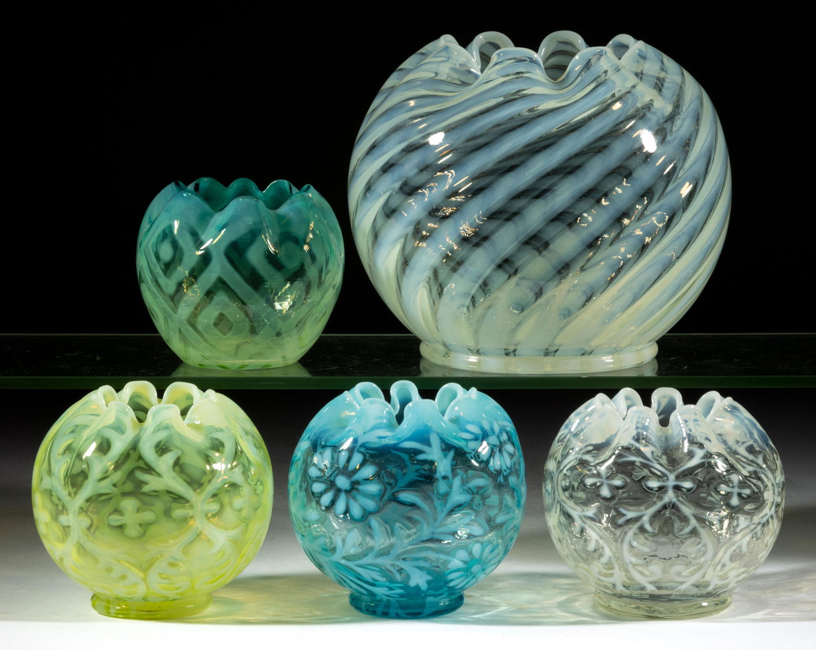 ASSORTED BLOWN OPALESCENT GLASS ROSE BOWLS, LOT OF FIVE (1 of 1)