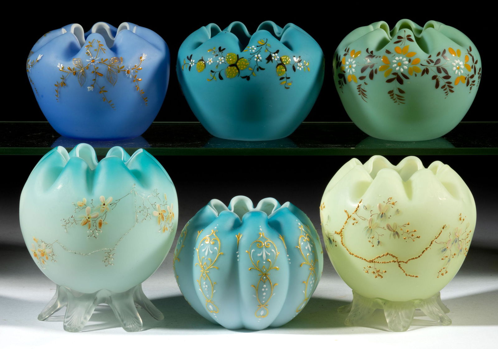 VICTORIAN OPAQUE GLASS AND ENAMEL-DECORATED GLASS ROSE BOWLS, LOT OF SIX (1 of 1)