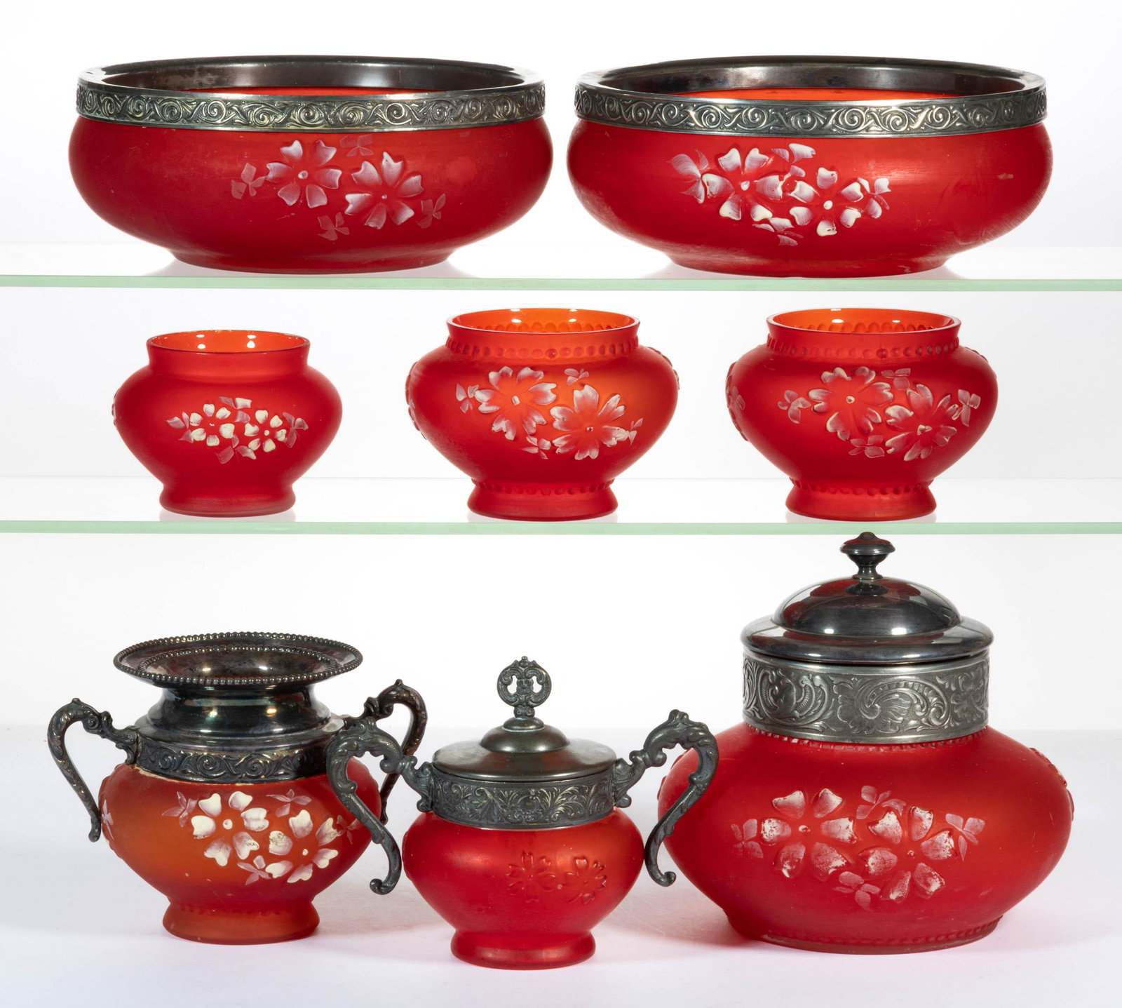 COREOPSIS / FLORAL (OMN) ARTICLES, LOT OF EIGHT: COREOPSIS / FLORAL (OMN) ARTICLES, LOT OF EIGHT, pigeon blood with a satin finish and enamel decoration, including two master berry bowls, a covered sugar bowl, and a cracker jar, five examples h