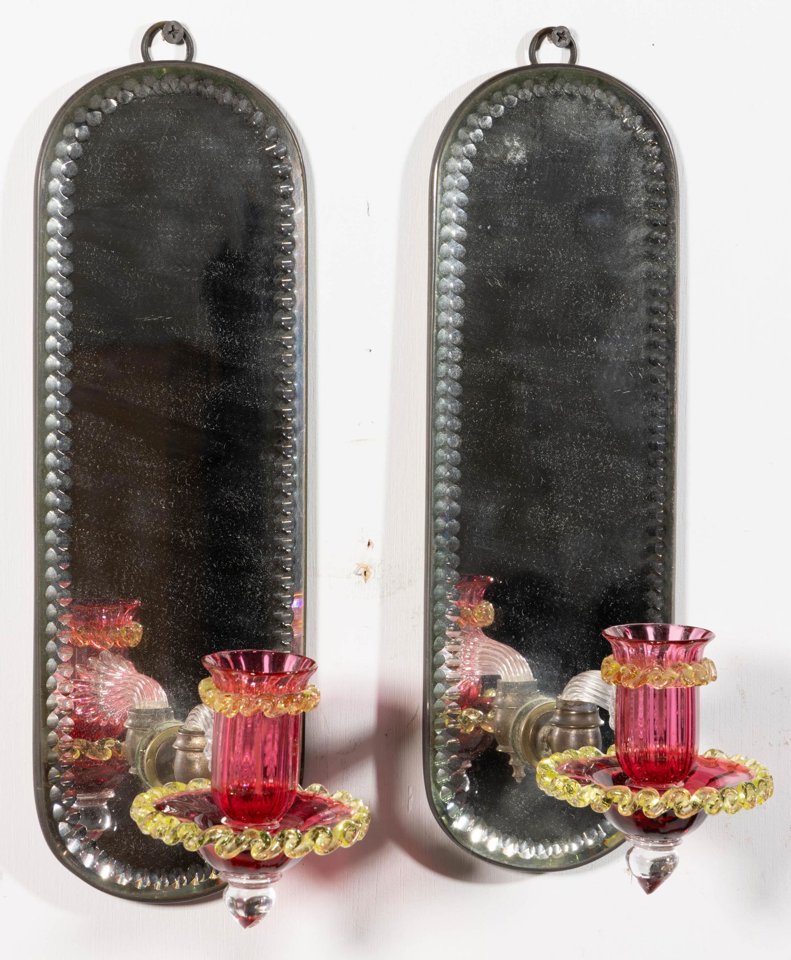 VICTORIAN ART GLASS MIRRORED WALL SCONCES, PAIR (1 of 1)