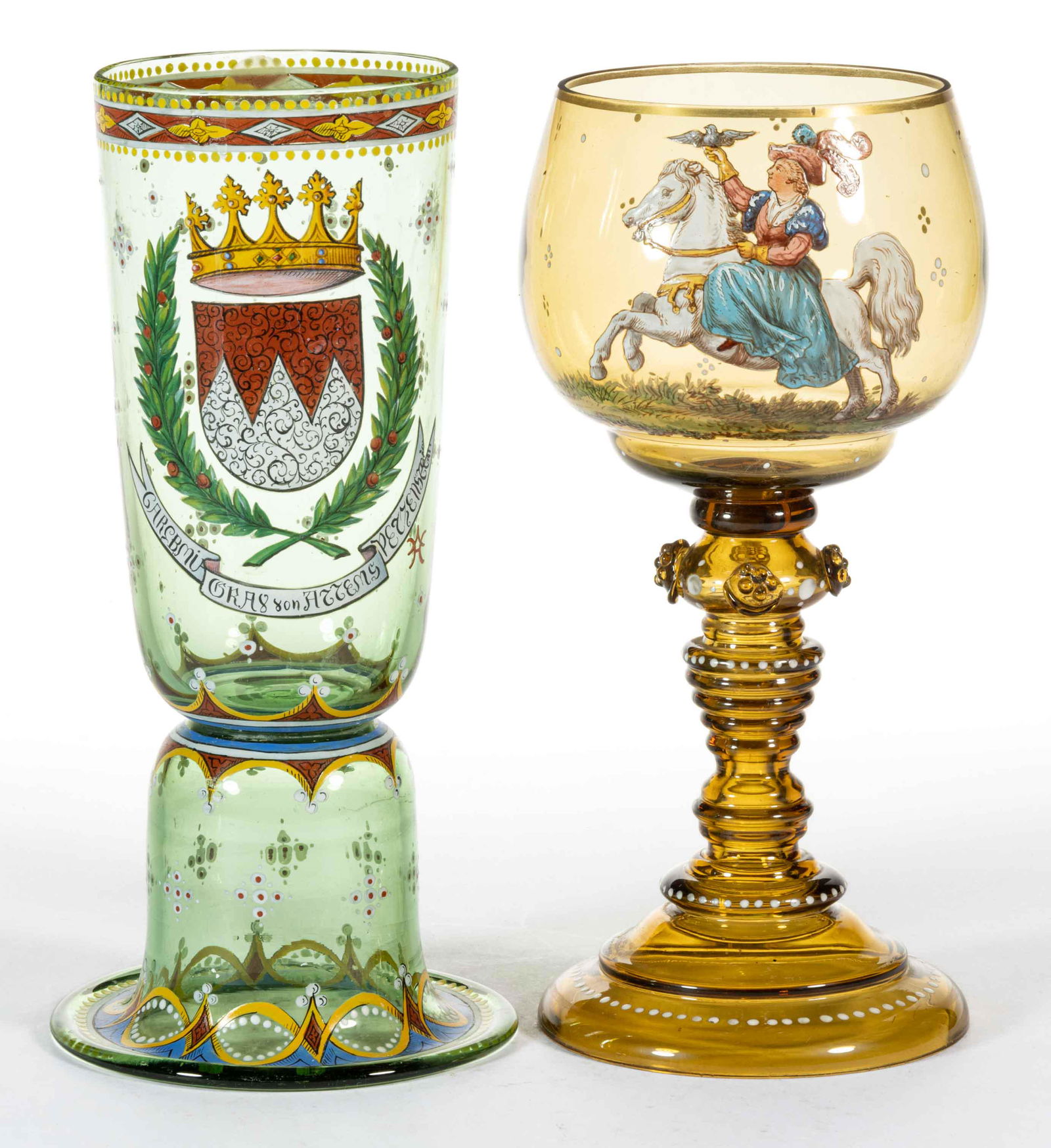 BOHEMIAN ENAMELED HISTORISMUS GLASS ARTICLES, LOT OF TWO (1 of 1)