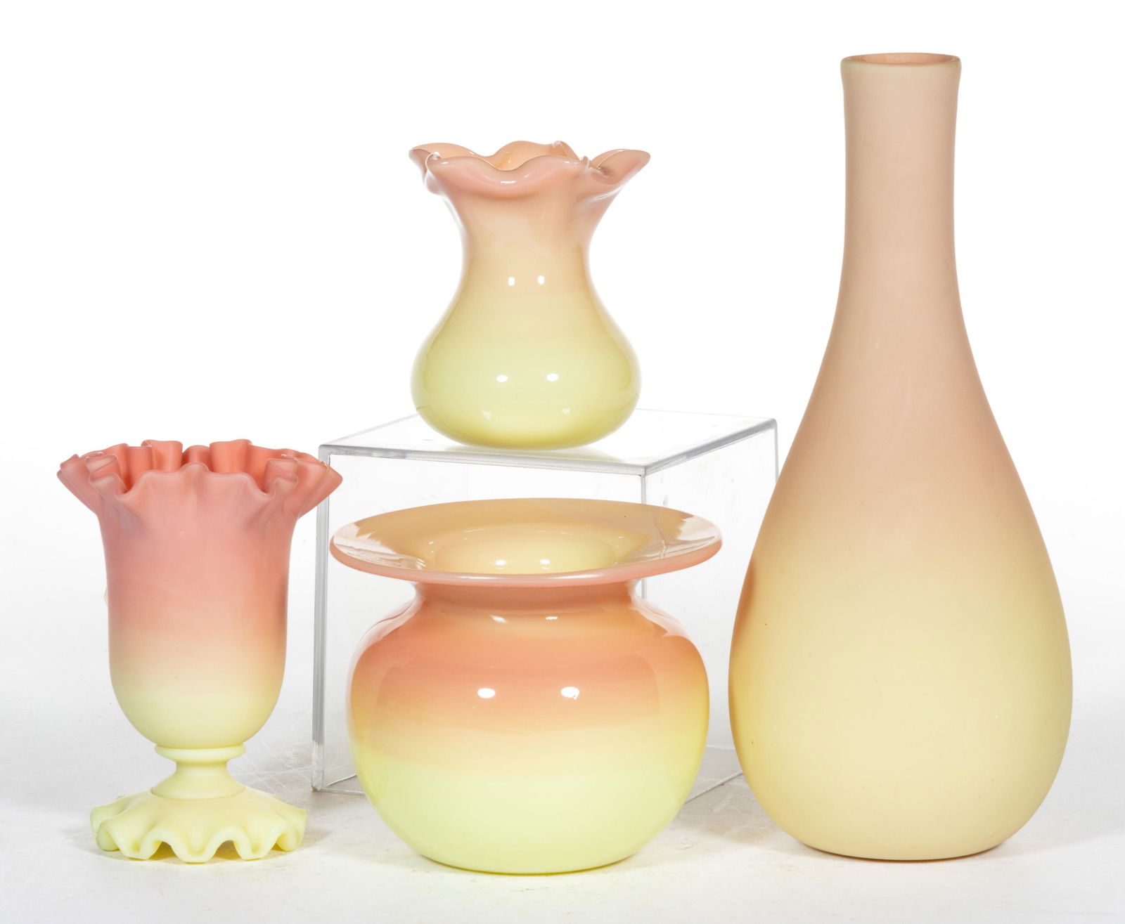 MT. WASHINGTON AND WEBB BURMESE ARTICLES, LOT OF FOUR: MT. WASHINGTON AND WEBB BURMESE ARTICLES, LOT OF FOUR, comprising a plush gourd vase and footed flower stand, and a glossy flower stand signed for Thomas Webb and a rose bowl. Mt. Washington Glass Co.