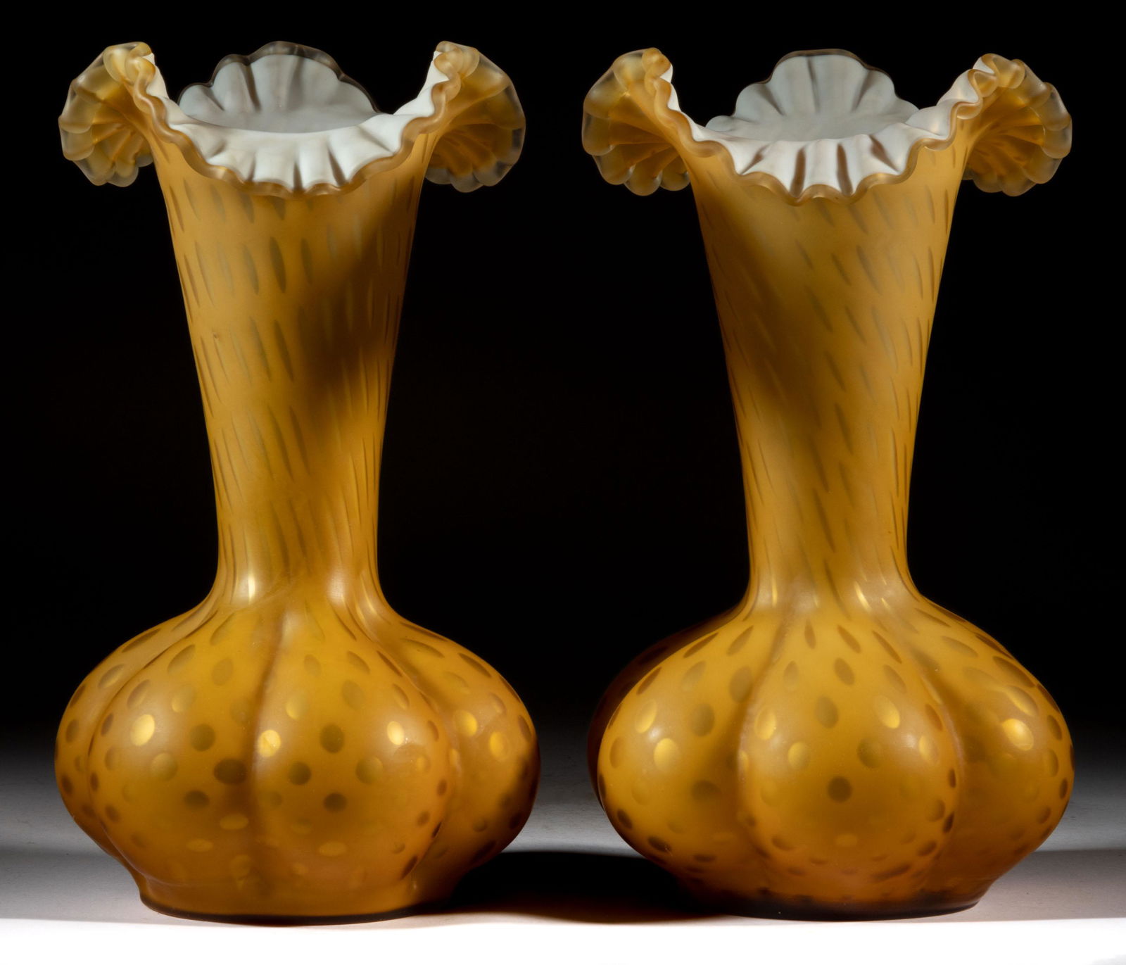 RAINDROP AIR-TRAP MOTHER-OF-PEARL SATIN GLASS PAIR OF LARGE VASES (1 of 1)