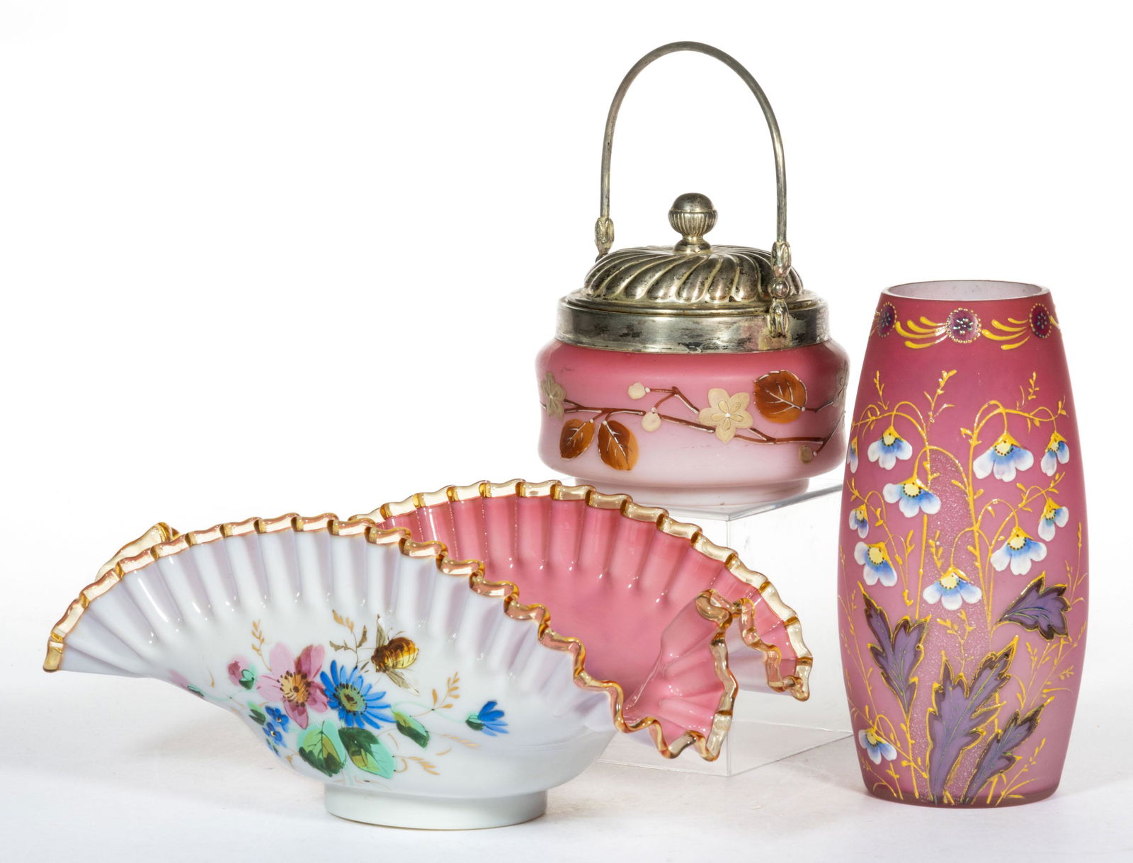 VICTORIAN DECORATED CASED PEACHBLOW-TYPE ARTICLES, LOT OF THREE (1 of 1)