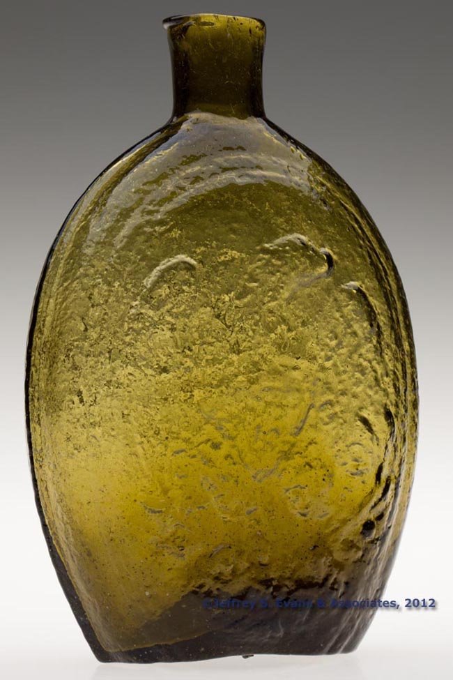 GII-73 EAGLE - CORNUCOPIA PICTORIAL FLASK: GII-73 EAGLE - CORNUCOPIA PICTORIAL FLASK, bright yellow olive, all-over tiny bubbles and chilled surface, pint, sheared mouth, chunky rough pontil mark with iron deposits. Keene-Marlboro-Street Glass