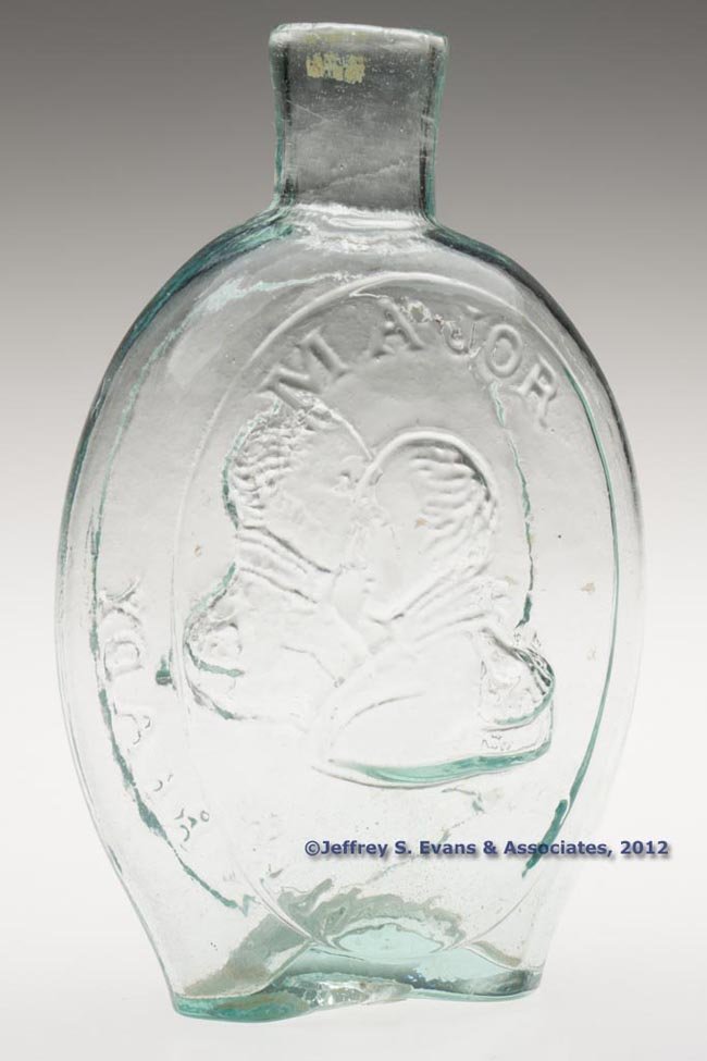 GI-72 TAYLOR - RINGGOLD PORTRAIT FLASK: GI-72 TAYLOR - RINGGOLD PORTRAIT FLASK, pale aquamarine, pint, embossed "ROUGH AND READY" on obverse and "MAJOR RINGGOLD" on reverse, smooth edges, sheared mouth, heavy rough pontil mark. Probably Bal