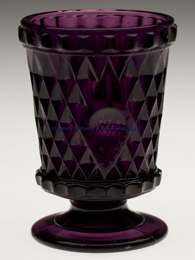 PRESSED INVERTED DIAMOND AND THUMBPRINT SPOON HOLD: PRESSED INVERTED DIAMOND AND THUMBPRINT SPOON HOLDER / SPILL, deep brilliant amethyst, plain rim and single-step circular foot with polished pontil mark. Boston & Sandwich Glass Co. and possibly other