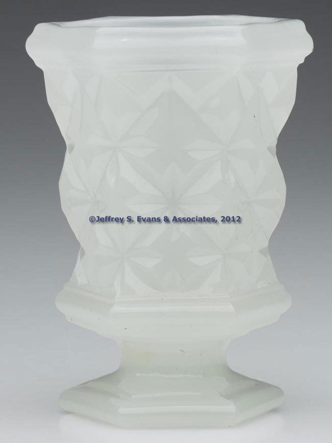 PRESSED SANDWICH STAR SPOON HOLDER / SPILL: PRESSED SANDWICH STAR SPOON HOLDER / SPILL, translucent alabaster/clambroth, hexagonal rim and single-step foot with polished pontil mark. Boston & Sandwich Glass Co. and probably others. 1850-1870. 5