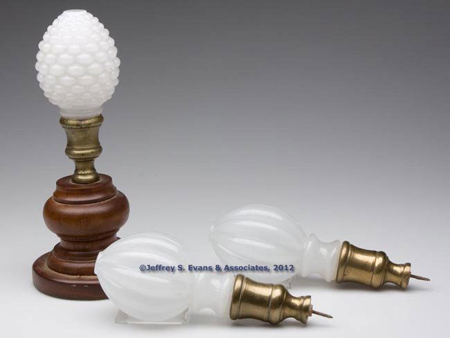 ASSORTED BLOWN-MOLDED FINIALS, LOT OF THREE: ASSORTED BLOWN-MOLDED FINIALS, LOT OF THREE, alabaster/clambroth, comprising a single Oval Hobnail and a pair of Ten-Lobe, each egg-shape with factory polished flat top, lower extension plastered into