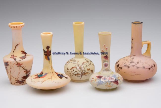 VICTORIAN DECORATED GLASS CABINET VASES, LOT OF FI: VICTORIAN DECORATED GLASS CABINET VASES, LOT OF FIVE, various opaque colors with polychrome decoration, including one with birds, and one with applied handle and rough pontil mark. Late 19th/early 20t